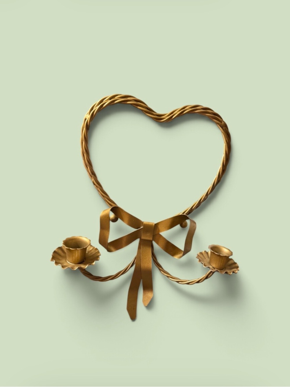 Vintage~Homco~Heart Candle Holder~Gold~Metal~Wall Sconce Double Taper~Decorative